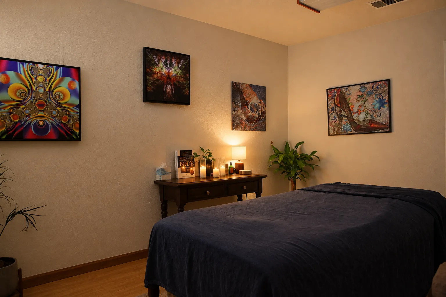 Massage table in the Positive Pressure studio, with warm lamplight, plants and artwork.