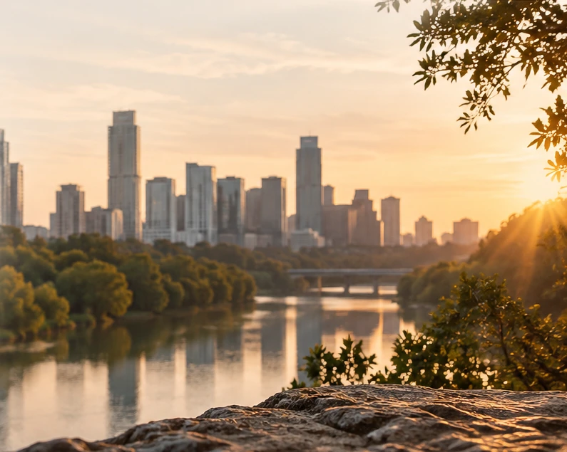 Austin skyline and water in warm evening light.